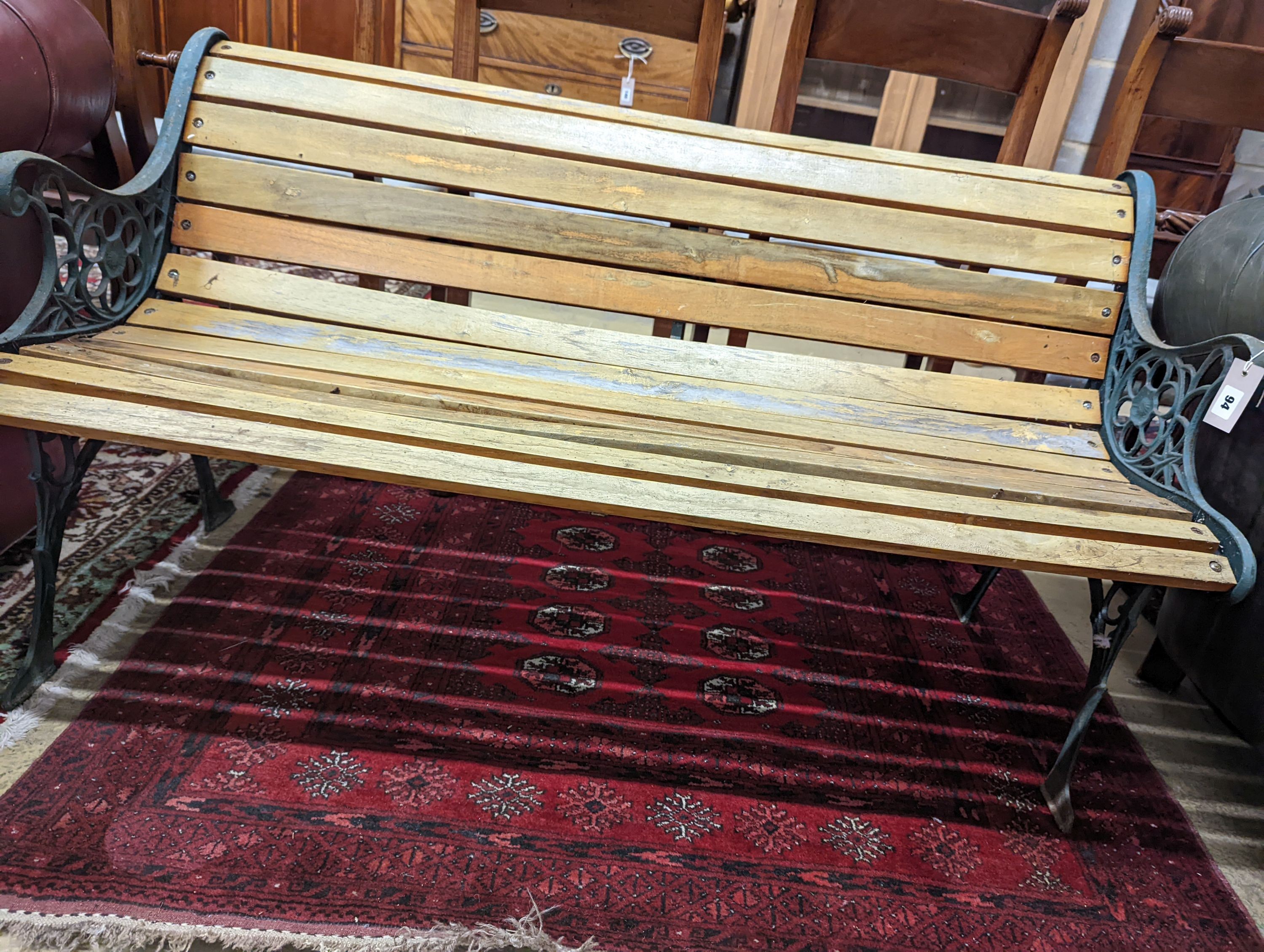 A Victorian style painted aluminium slatted garden bench, length 127cm, depth 55cm, height 67cm